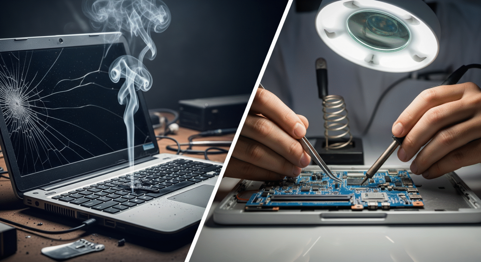 Split comparison showing a laptop with visible motherboard damage and burn marks on one side, and professional diagnostic equipment including multimeter and microscope on the other side. Alt text: "laptop needs professional repair diagnostic equipment motherboard damage analysis